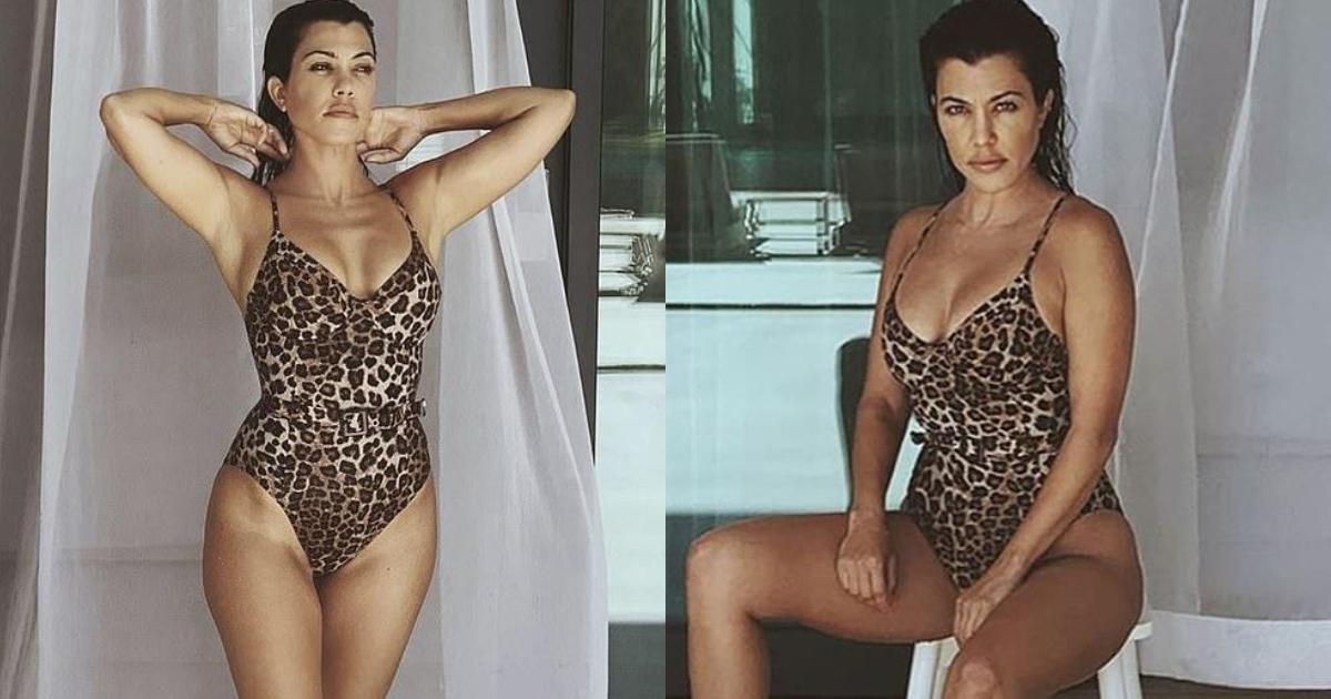 Kourtney Kardashian shows off her bomb figure in a leopard-print Good American swimsuit