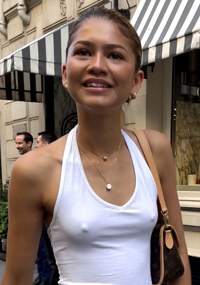 Zendaya in a flimsy t-shirt