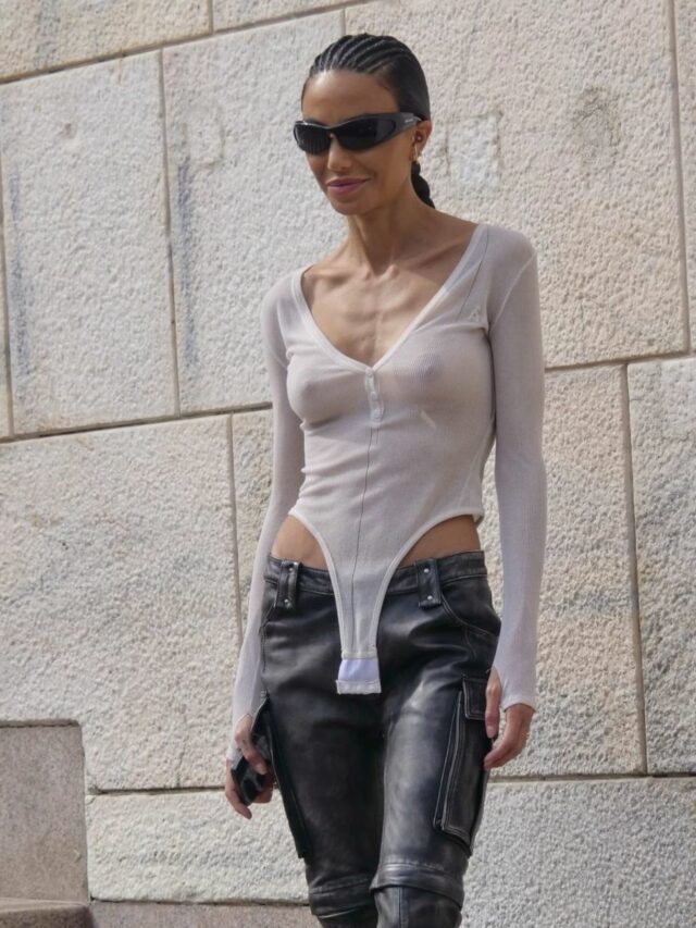 Chiara Biasi see through to tits while guests arrive at the Andreadamo fashion show during the Milan Womenswear Spring/Summer 2025 – September 22, 2024